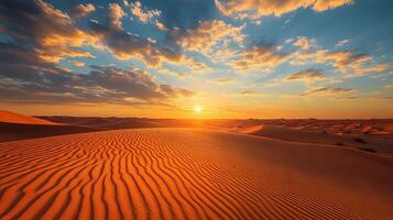 Mesmerizing Desert Landscape with Glowing Golden Sunset and Rolling Sand Dunes photo