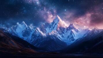 Mesmerizing Snowy Mountain Range Under Starry Night Sky photo