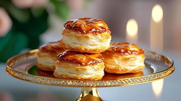 Artfully Crafted 3D Scone with Golden Crust on Soft Background photo