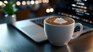 Modern Coffee Shop Experience with Laptop on Caf Table photo