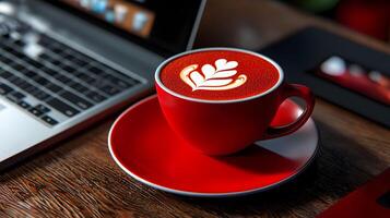 Modern Coffee Shop Experience with Laptop on Caf Table photo