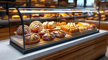 Elegant 3D Bakery Display with Freshly Baked Breads and Pastries Inviting Warm Atmosphere photo