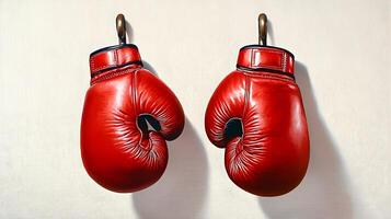 Minimalist Boxing Gloves Hanging on Hook with Soothing Beige Background photo