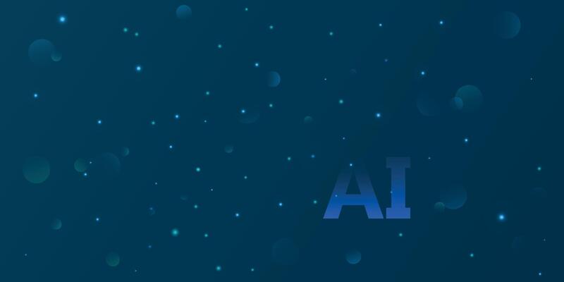 Technology AI circuit banner. Digital abstract tech background, big data, blue futuristic motherboard, green cyber lines. Innovation concept. Nano illustration