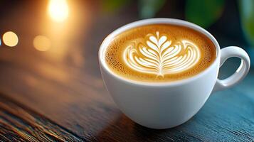 Expertly Crafted 3D Coffee Cup with Latte Art Leaf Design Showcasing Barista Skill photo