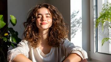 Person Sitting by Window Visualizing Their Future with Focused Expression photo