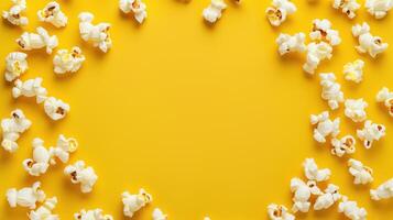 Popcorn scattered on a yellow background. A classic movie theater snack. View from above. photo