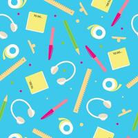 Back to school, stationary or science seamless pattern with ruler, clip, stickers, pencil, pen, headphone, scotch or tape, to do list. vector
