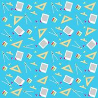 Stationary, science or back to school seamless pattern with triangle ruler, paper, clip, stickers, compass for drawing and pins. vector