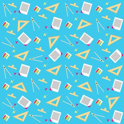 Stationary, science or back to school seamless pattern with triangle ruler, paper, clip, stickers, compass for drawing and pins.