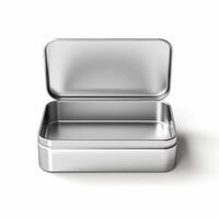 Rectangular tin box with an open lid. Metal box for various purposes. Isolate on a white back photo