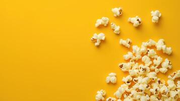 Popcorn scattered on a yellow background. A classic movie theater snack. View from above. photo