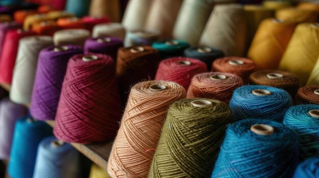 Multicolored yarn spools used in textile industry. Set of colored threads for sewing on coils. Pile of big colorful spools of thread. Colored thread spools of thread large class, textiles, back photo