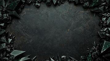 Dark and dramatic fantasy background featuring sharp, jagged black rocks with metallic accents, creating a luxurious and mystical atmosphere, perfect for game design, posters, or digital art photo