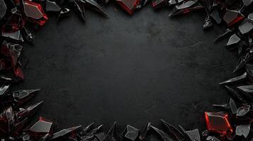 Dark and dramatic fantasy background featuring sharp, jagged black red rocks with metallic accents, creating a luxurious and mystical atmosphere, perfect for game design, posters, or digital art photo