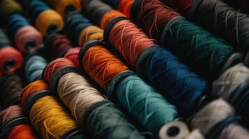 Multicolored yarn spools used in textile industry. Set of colored threads for sewing on coils. Pile of big colorful spools of thread. Colored thread spools of thread large class, textiles, back photo