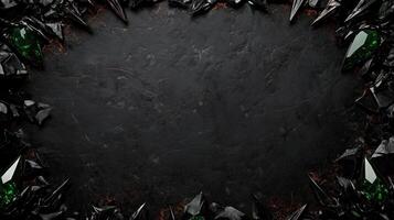 Dark and dramatic fantasy background featuring sharp, jagged black rocks with metallic accents, creating a luxurious and mystical atmosphere, perfect for game design, posters, or digital art photo