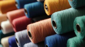 Multicolored yarn spools used in textile industry. Set of colored threads for sewing on coils. Pile of big colorful spools of thread. Colored thread spools of thread large class, textiles, back photo