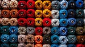 Multicolored yarn spools used in textile industry. Set of colored threads for sewing on coils. Pile of big colorful spools of thread. Colored thread spools of thread large class, textiles, back photo