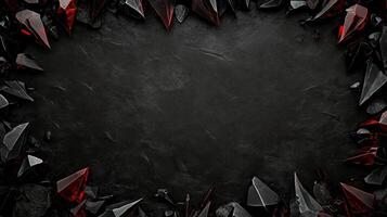 Dark and dramatic fantasy background featuring sharp, jagged black red rocks with metallic accents, creating a luxurious and mystical atmosphere, perfect for game design, posters, or digital art photo