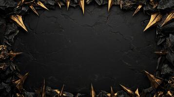 Dark and dramatic fantasy background featuring sharp, jagged black rocks with metallic gold accents, creating a luxurious and mystical atmosphere, perfect for game design, posters, or digital art photo
