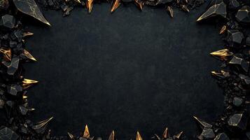 Dark and dramatic fantasy background featuring sharp, jagged black rocks with metallic gold accents, creating a luxurious and mystical atmosphere, perfect for game design, posters, or digital art photo