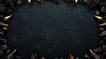 Dark and dramatic fantasy background featuring sharp, jagged black rocks with metallic gold accents, creating a luxurious and mystical atmosphere, perfect for game design, posters, or digital art photo