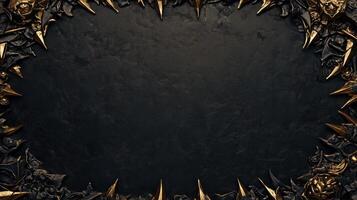 Dark and dramatic fantasy background featuring sharp, jagged black rocks with metallic gold accents, creating a luxurious and mystical atmosphere, perfect for game design, posters, or digital art photo