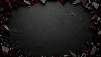 Dark and dramatic fantasy background featuring sharp, jagged black red rocks with metallic accents, creating a luxurious and mystical atmosphere, perfect for game design, posters, or digital art photo