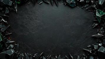 Dark and dramatic fantasy background featuring sharp, jagged black rocks with metallic accents, creating a luxurious and mystical atmosphere, perfect for game design, posters, or digital art photo