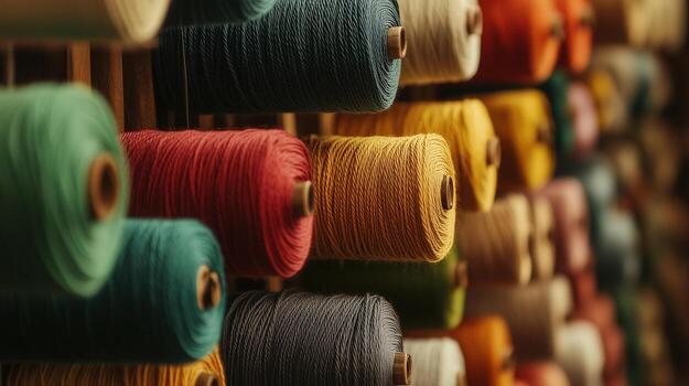 Multicolored yarn spools used in textile industry. Set of colored threads for sewing on coils. Pile of big colorful spools of thread. Colored thread spools of thread large class, textiles, back photo