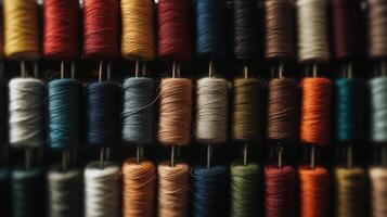 Multicolored yarn spools used in textile industry. Set of colored threads for sewing on coils. Pile of big colorful spools of thread. Colored thread spools of thread large class, textiles, back photo