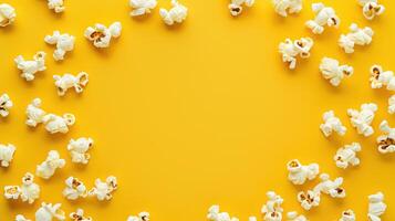 Popcorn scattered on a yellow background. A classic movie theater snack. View from above. photo