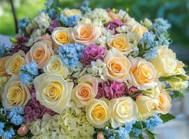 A Stunning Display of Colorful Roses and Hydrangeas in Bloom photo