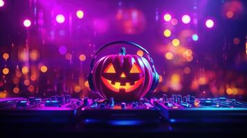 Jack o Lantern on a DJ booth with a headset, dancing under disco lights with an area for text. photo