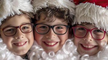 Three children in Santa Claus hats and eyeglasses, close up. photo