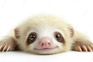 Close up of cute baby sloth on white background. photo