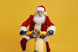 Santa Claus riding scooter isolated on yellow background. photo