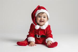 Cute baby dressed as Santa Claus sitting on a gray background. photo