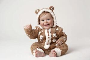 Cute baby in a Christmas suit on a white background. photo