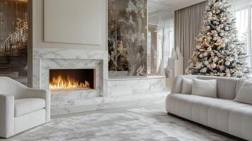 Modern white living room with fireplace and christmas tree. photo