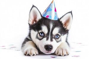 Cute siberian husky puppy with birthday hat on white background. photo