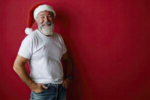 Santa Claus wearing a white shirt on a red background. photo