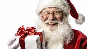 Portrait of santa claus with gift box on white background. photo
