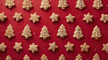 Christmas gingerbread cookies in the form of a Christmas tree on a red background. photo