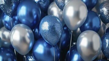 Blue and silver balloons background. photo