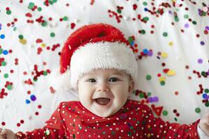 Adorable baby in Santa hat lying on bed and smiling. photo