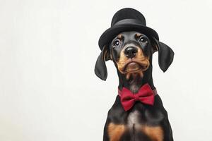Doberman puppy with bow tie and black hat on white background. photo