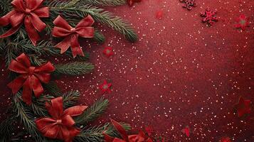 Christmas background with fir branches and red bows on red background. Top view. photo