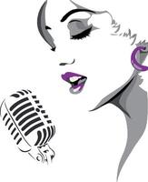 A beautiful face of a woman with closed eyes is singing in front of a microphone vector